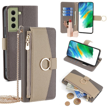 Samsung Galaxy S21 FE 5G Crossbody Phone Case with Litchi Texture Leather, Adjustable Kickstand, Card Slots, Zipper Purse, Makeup Mirror, and TPU Protection