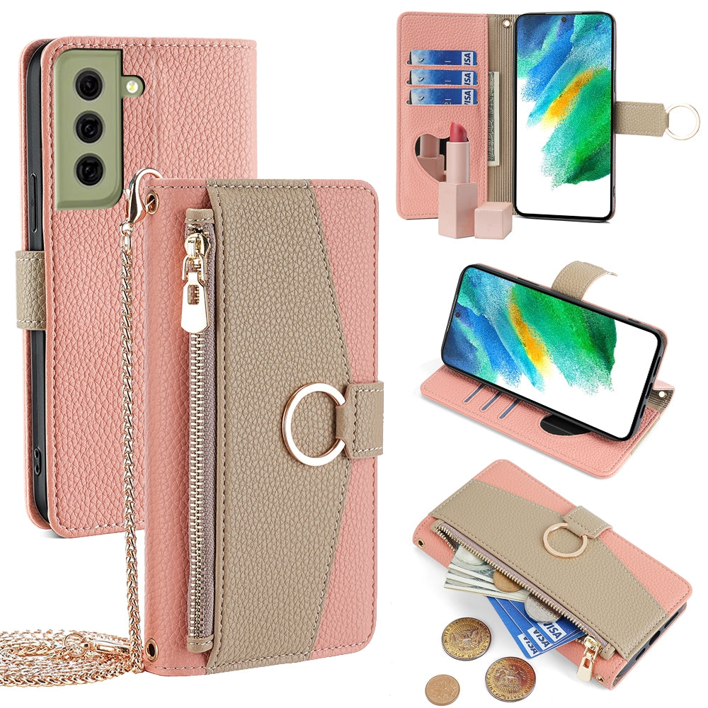 Samsung Galaxy S21 FE 5G Crossbody Phone Case with Litchi Texture Leather, Adjustable Kickstand, Card Slots, Zipper Purse, Makeup Mirror, and TPU Protection