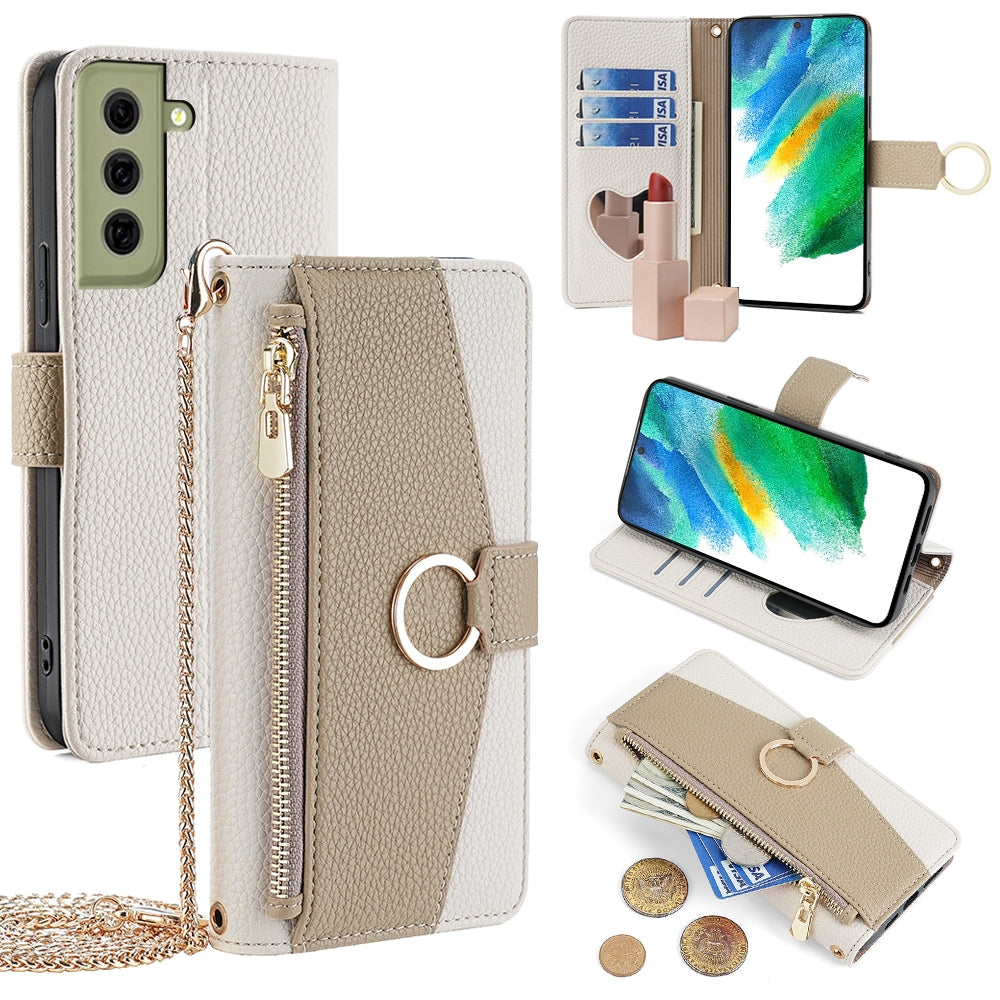 Samsung Galaxy S21 FE 5G Crossbody Phone Case with Litchi Texture Leather, Adjustable Kickstand, Card Slots, Zipper Purse, Makeup Mirror, and TPU Protection