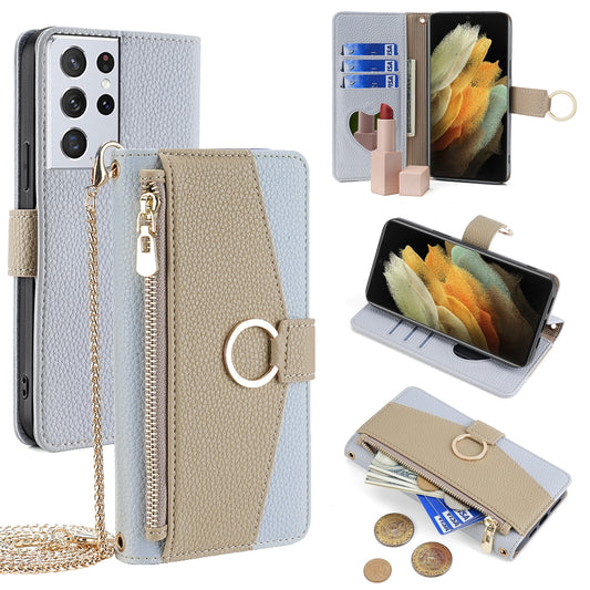 Samsung Galaxy S21 Ultra 5G Crossbody Phone Case with Litchi Texture Leather, Adjustable Kickstand, Card Slots, Zipper Purse, Makeup Mirror, and TPU Protection