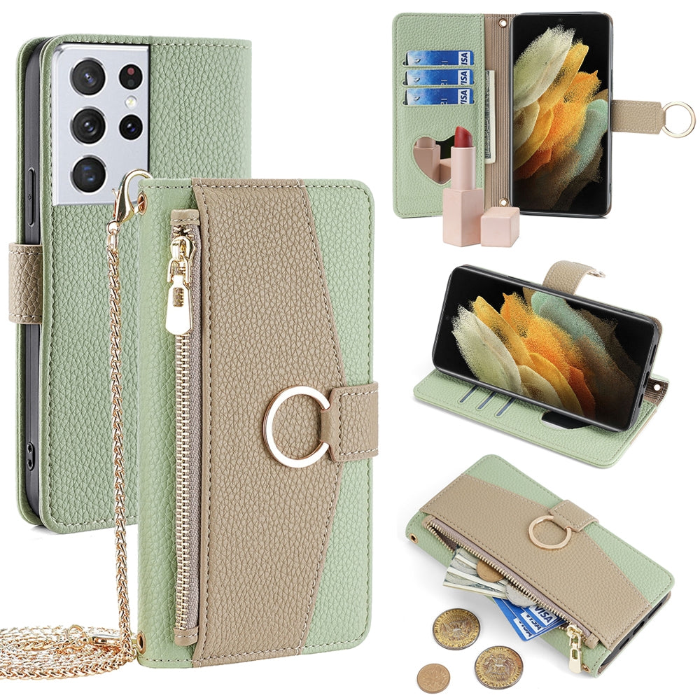 Samsung Galaxy S21 Ultra 5G Crossbody Phone Case with Litchi Texture Leather, Adjustable Kickstand, Card Slots, Zipper Purse, Makeup Mirror, and TPU Protection