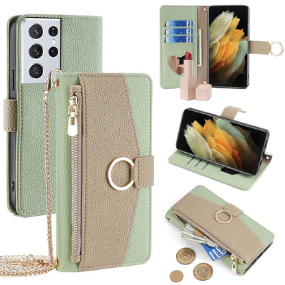 Samsung Galaxy S21 Ultra 5G Crossbody Phone Case with Litchi Texture Leather, Adjustable Kickstand, Card Slots, Zipper Purse, Makeup Mirror, and TPU Protection