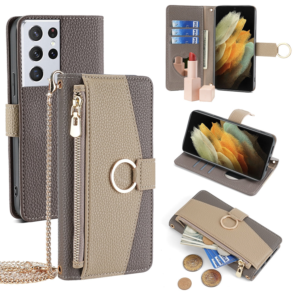 Samsung Galaxy S21 Ultra 5G Crossbody Phone Case with Litchi Texture Leather, Adjustable Kickstand, Card Slots, Zipper Purse, Makeup Mirror, and TPU Protection