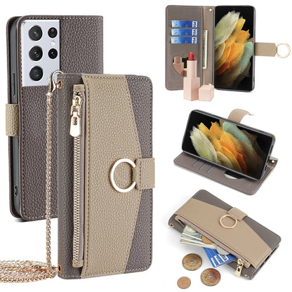 Samsung Galaxy S21 Ultra 5G Crossbody Phone Case with Litchi Texture Leather, Adjustable Kickstand, Card Slots, Zipper Purse, Makeup Mirror, and TPU Protection