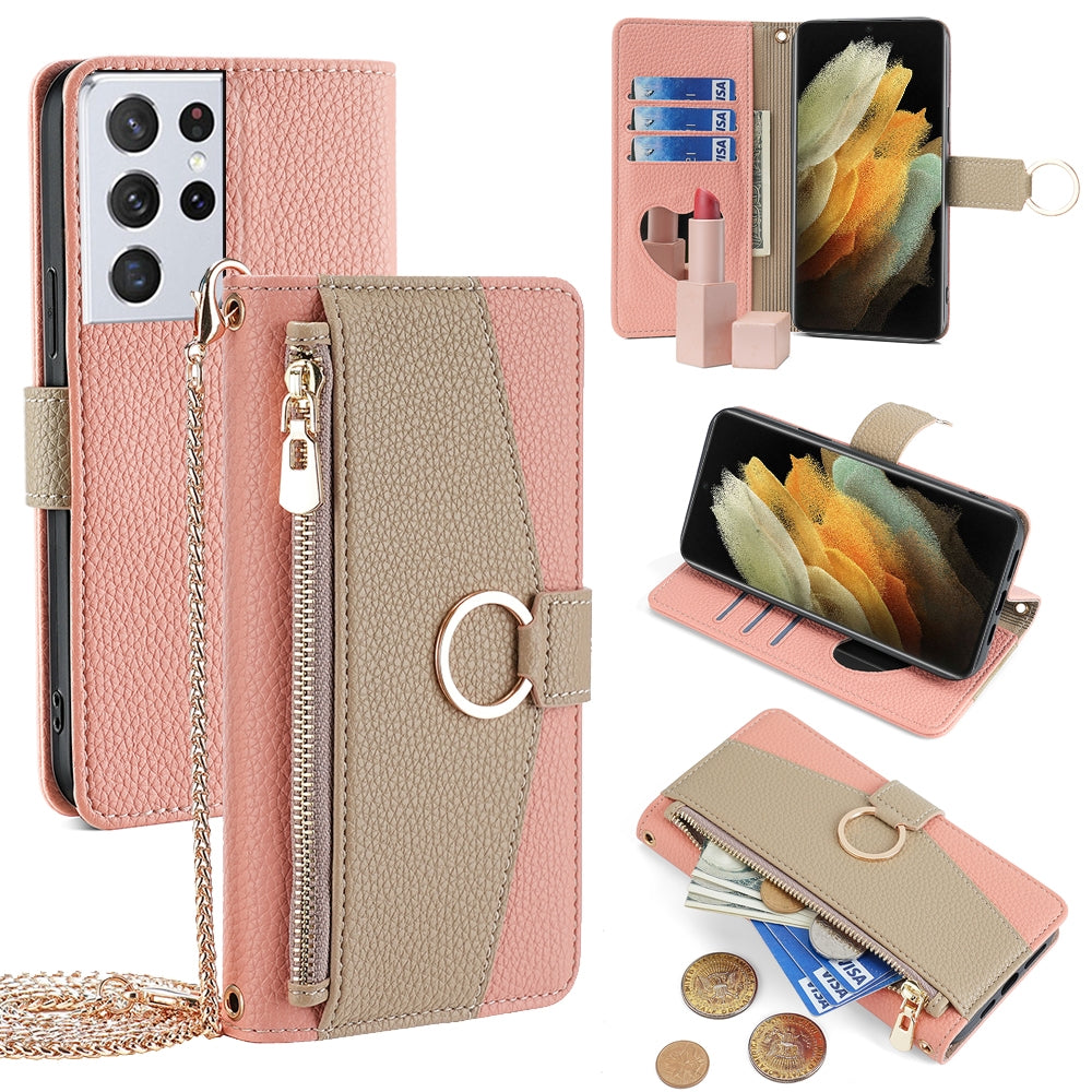 Samsung Galaxy S21 Ultra 5G Crossbody Phone Case with Litchi Texture Leather, Adjustable Kickstand, Card Slots, Zipper Purse, Makeup Mirror, and TPU Protection