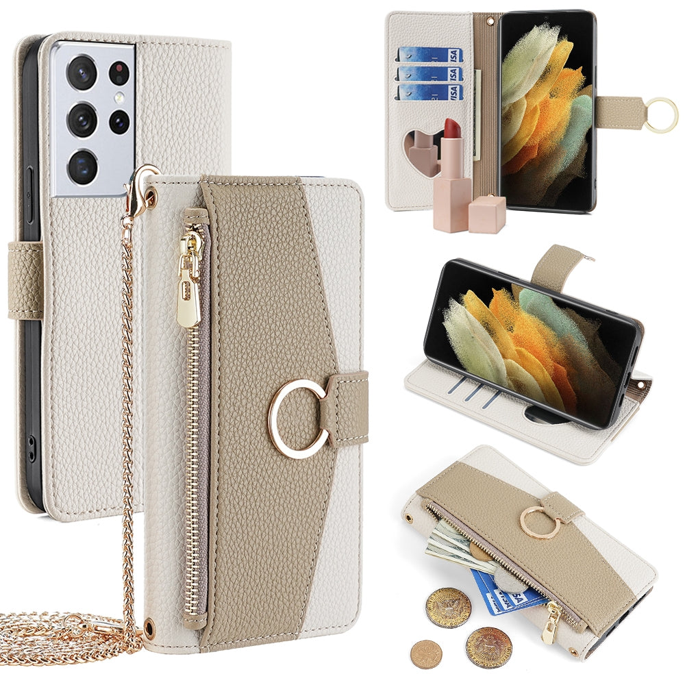 Samsung Galaxy S21 Ultra 5G Crossbody Phone Case with Litchi Texture Leather, Adjustable Kickstand, Card Slots, Zipper Purse, Makeup Mirror, and TPU Protection