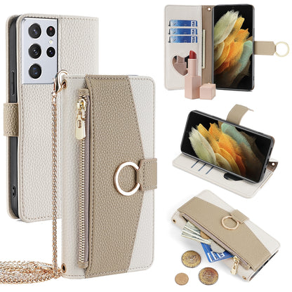 Samsung Galaxy S21 Ultra 5G Crossbody Phone Case with Litchi Texture Leather, Adjustable Kickstand, Card Slots, Zipper Purse, Makeup Mirror, and TPU Protection
