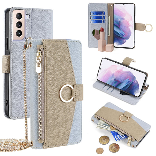 Samsung Galaxy S21+ 5G Crossbody Phone Case with Litchi Texture Leather, Adjustable Kickstand, Card Slots, Zipper Purse, Makeup Mirror, and TPU Protection