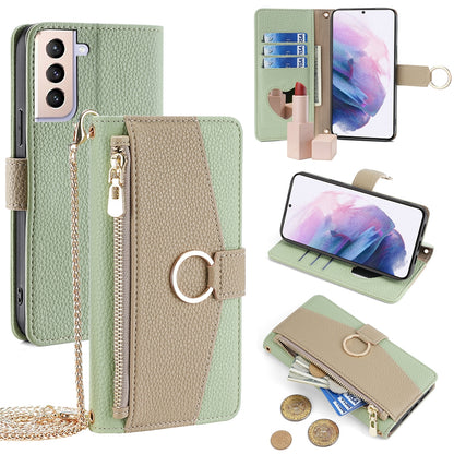 Samsung Galaxy S21+ 5G Crossbody Phone Case with Litchi Texture Leather, Adjustable Kickstand, Card Slots, Zipper Purse, Makeup Mirror, and TPU Protection