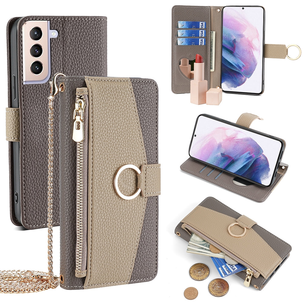 Samsung Galaxy S21+ 5G Crossbody Phone Case with Litchi Texture Leather, Adjustable Kickstand, Card Slots, Zipper Purse, Makeup Mirror, and TPU Protection