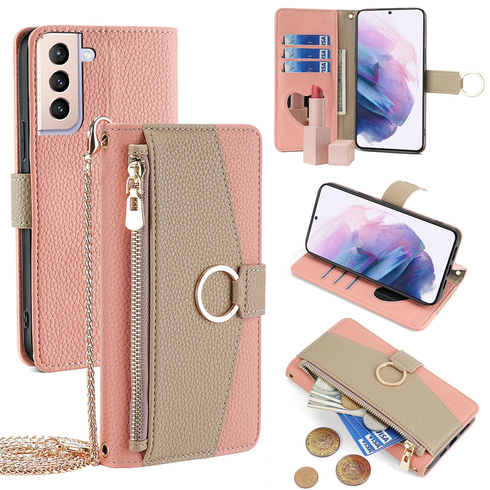 Samsung Galaxy S21+ 5G Crossbody Phone Case with Litchi Texture Leather, Adjustable Kickstand, Card Slots, Zipper Purse, Makeup Mirror, and TPU Protection