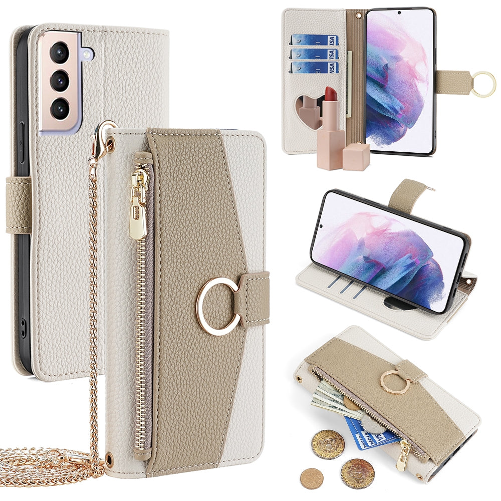 Samsung Galaxy S21+ 5G Crossbody Phone Case with Litchi Texture Leather, Adjustable Kickstand, Card Slots, Zipper Purse, Makeup Mirror, and TPU Protection