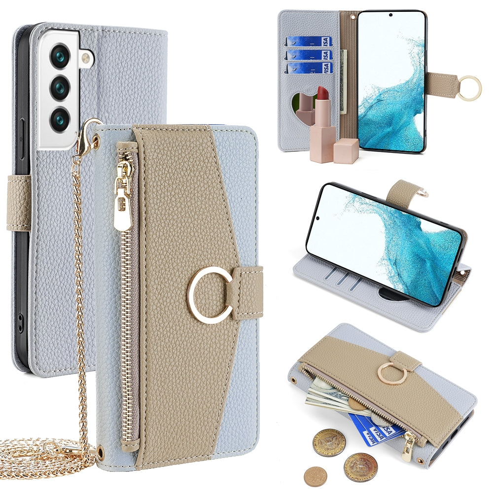Samsung Galaxy S22 5G Crossbody Phone Case with Litchi Texture Leather, Adjustable Kickstand, Card Slots, Zipper Purse, Makeup Mirror, and TPU Protection