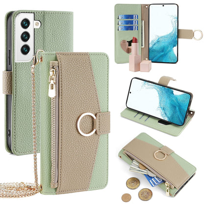 Samsung Galaxy S22 5G Crossbody Phone Case with Litchi Texture Leather, Adjustable Kickstand, Card Slots, Zipper Purse, Makeup Mirror, and TPU Protection