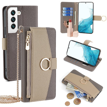 Samsung Galaxy S22 5G Crossbody Phone Case with Litchi Texture Leather, Adjustable Kickstand, Card Slots, Zipper Purse, Makeup Mirror, and TPU Protection