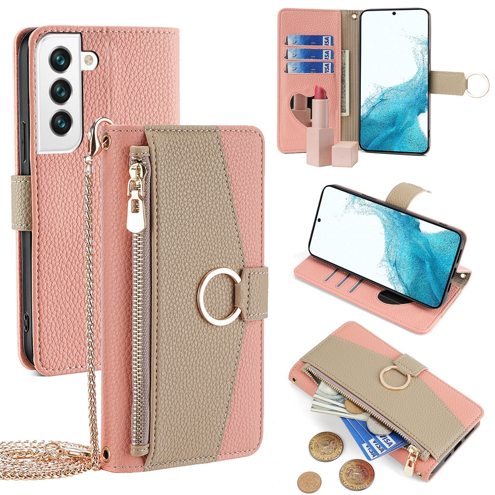 Samsung Galaxy S22 5G Crossbody Phone Case with Litchi Texture Leather, Adjustable Kickstand, Card Slots, Zipper Purse, Makeup Mirror, and TPU Protection