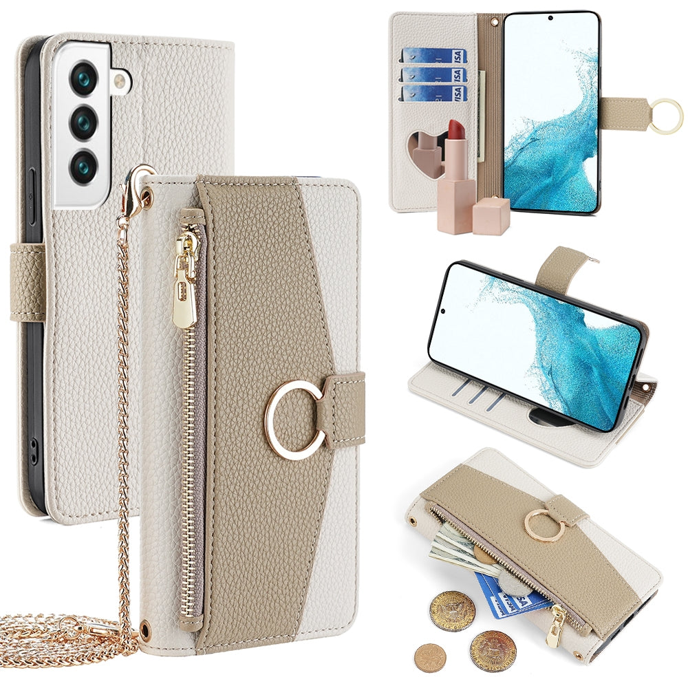 Samsung Galaxy S22 5G Crossbody Phone Case with Litchi Texture Leather, Adjustable Kickstand, Card Slots, Zipper Purse, Makeup Mirror, and TPU Protection