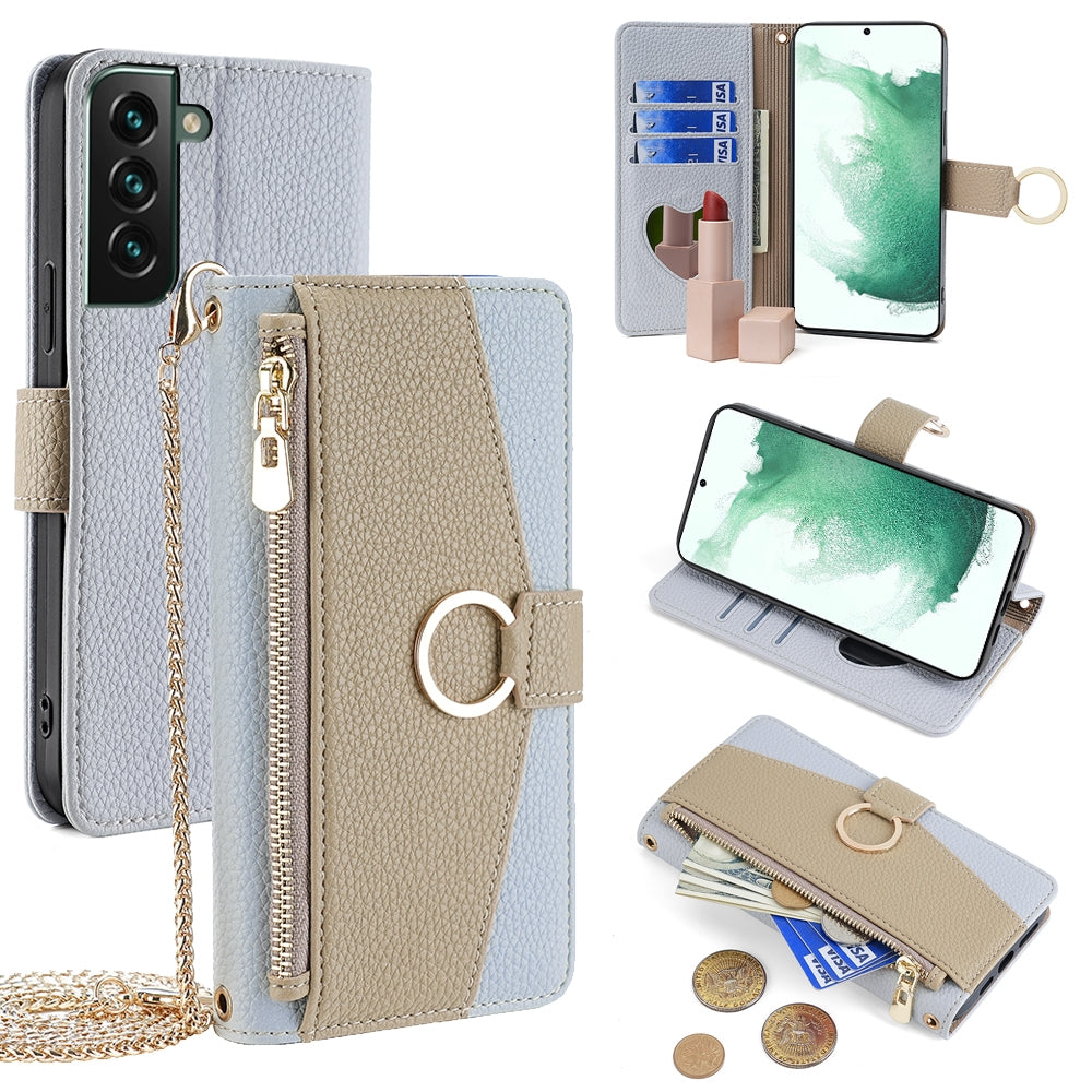 Samsung Galaxy S22+ 5G Crossbody Phone Case with Litchi Texture Leather, Adjustable Kickstand, Card Slots, Zipper Purse, Makeup Mirror, and TPU Protection