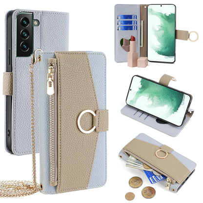 Samsung Galaxy S22+ 5G Crossbody Phone Case with Litchi Texture Leather, Adjustable Kickstand, Card Slots, Zipper Purse, Makeup Mirror, and TPU Protection
