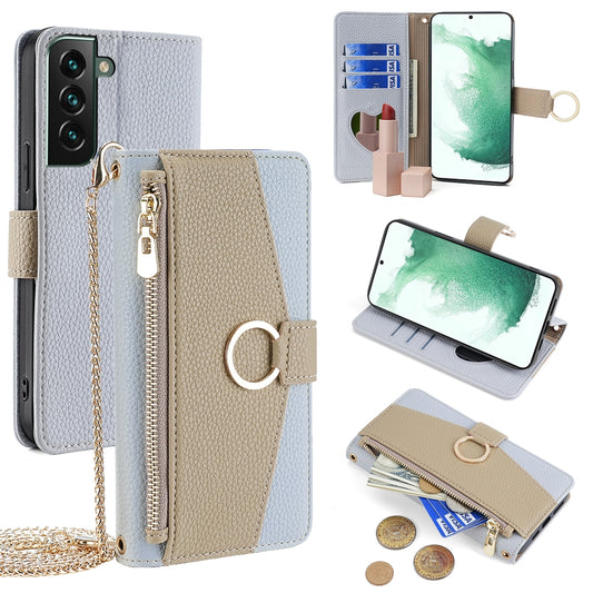 Samsung Galaxy S22+ 5G Crossbody Phone Case with Litchi Texture Leather, Adjustable Kickstand, Card Slots, Zipper Purse, Makeup Mirror, and TPU Protection