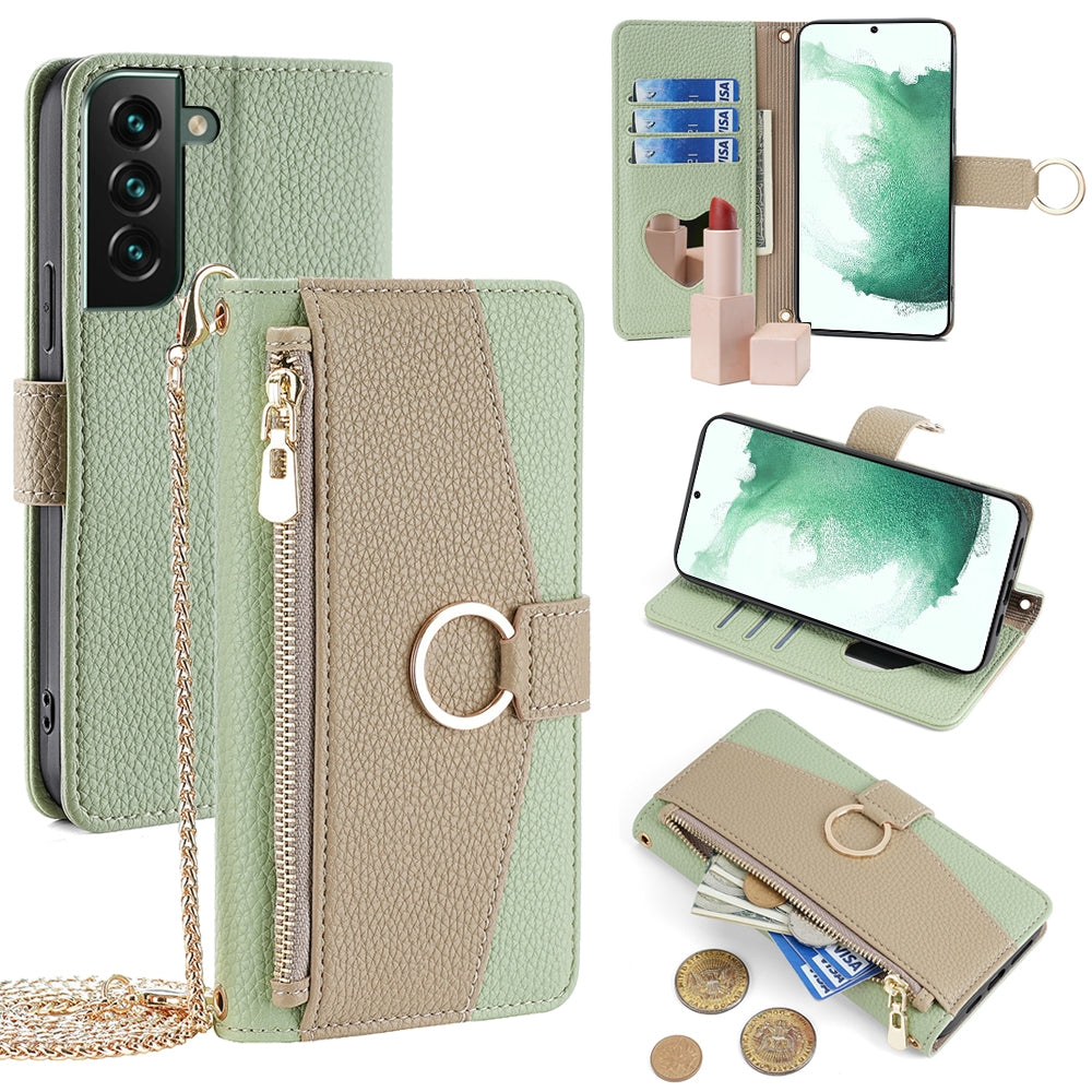 Samsung Galaxy S22+ 5G Crossbody Phone Case with Litchi Texture Leather, Adjustable Kickstand, Card Slots, Zipper Purse, Makeup Mirror, and TPU Protection