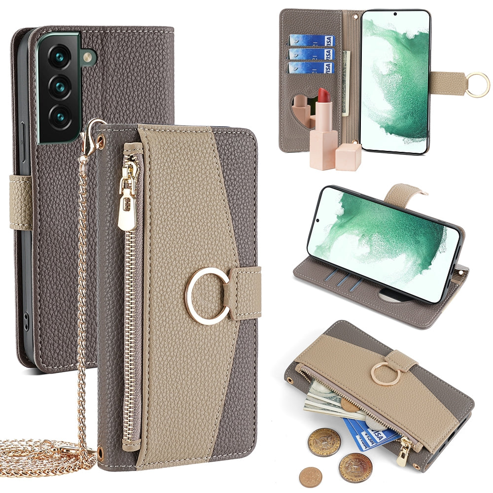 Samsung Galaxy S22+ 5G Crossbody Phone Case with Litchi Texture Leather, Adjustable Kickstand, Card Slots, Zipper Purse, Makeup Mirror, and TPU Protection