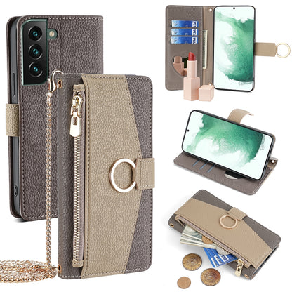 Samsung Galaxy S22+ 5G Crossbody Phone Case with Litchi Texture Leather, Adjustable Kickstand, Card Slots, Zipper Purse, Makeup Mirror, and TPU Protection