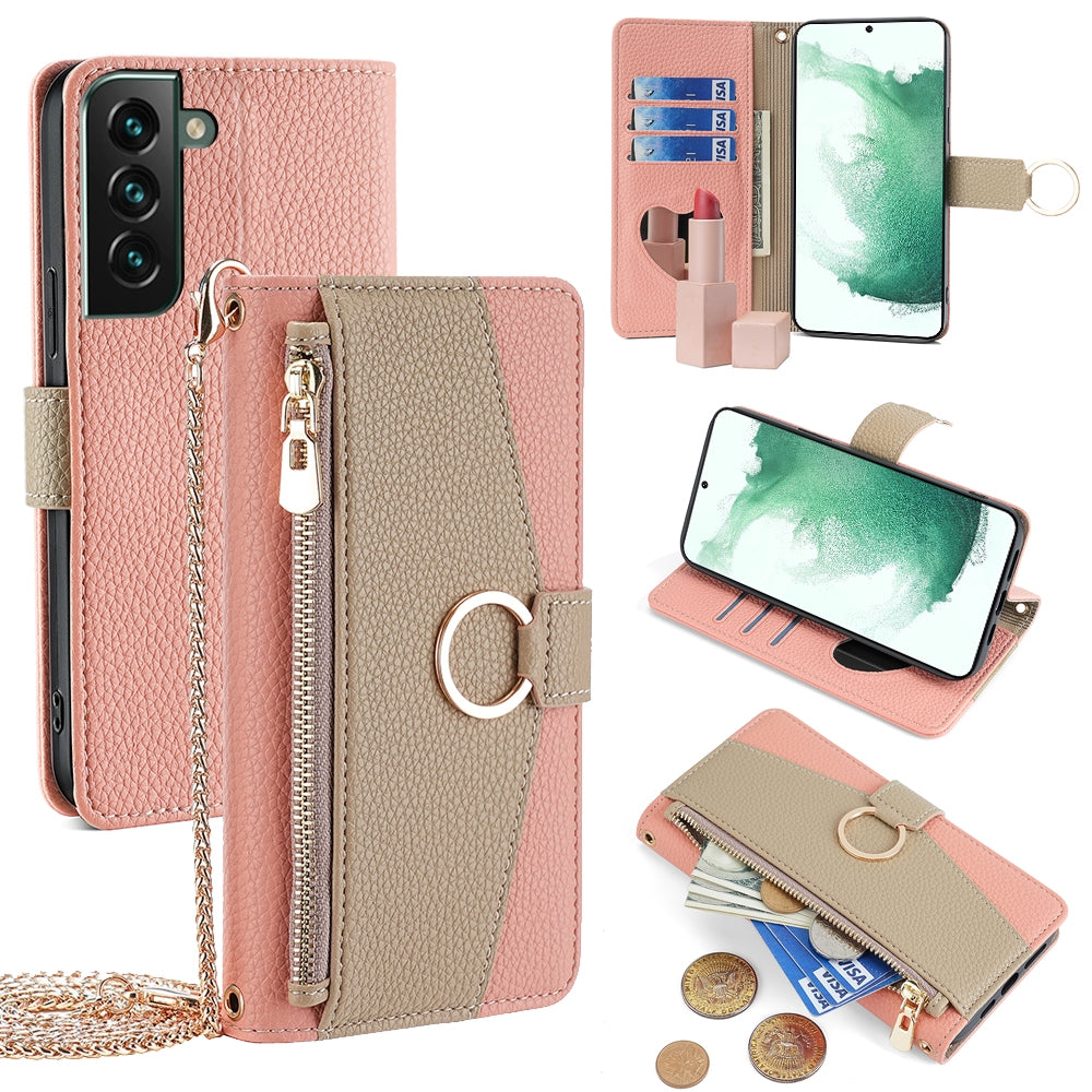 Samsung Galaxy S22+ 5G Crossbody Phone Case with Litchi Texture Leather, Adjustable Kickstand, Card Slots, Zipper Purse, Makeup Mirror, and TPU Protection