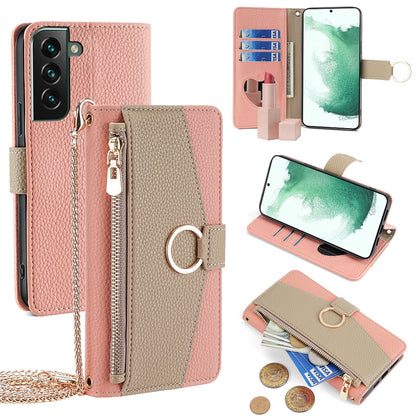 Samsung Galaxy S22+ 5G Crossbody Phone Case with Litchi Texture Leather, Adjustable Kickstand, Card Slots, Zipper Purse, Makeup Mirror, and TPU Protection