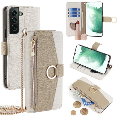 Samsung Galaxy S22+ 5G Crossbody Phone Case with Litchi Texture Leather, Adjustable Kickstand, Card Slots, Zipper Purse, Makeup Mirror, and TPU Protection