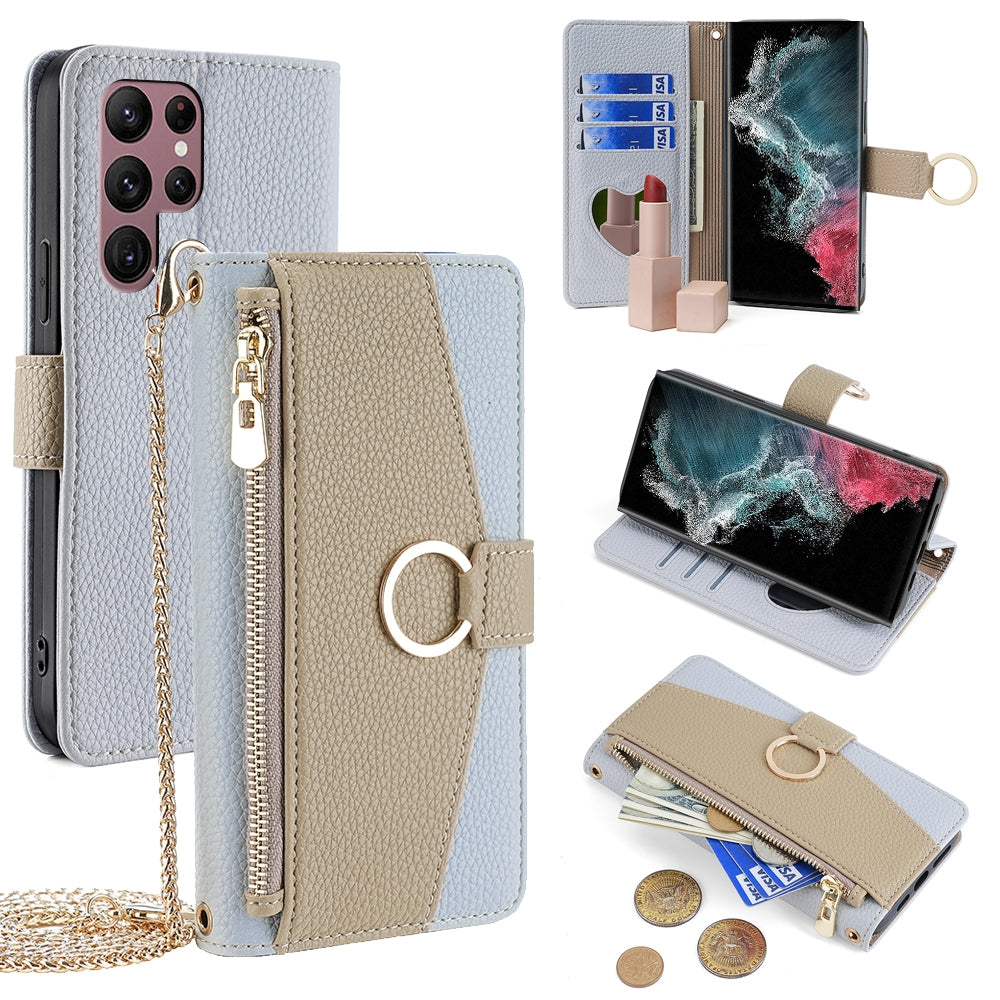 Samsung Galaxy S22 Ultra 5G Crossbody Phone Case with Litchi Texture Leather, Adjustable Kickstand, Card Slots, Zipper Purse, Makeup Mirror, and TPU Protection