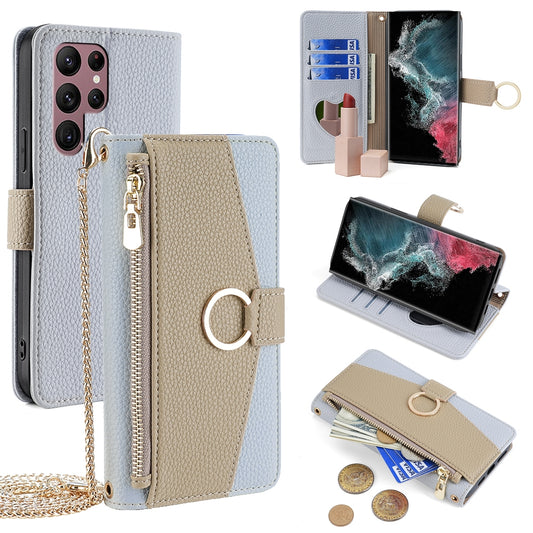 Samsung Galaxy S22 Ultra 5G Crossbody Phone Case with Litchi Texture Leather, Adjustable Kickstand, Card Slots, Zipper Purse, Makeup Mirror, and TPU Protection