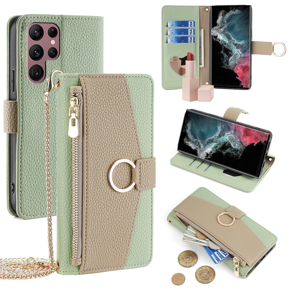 Samsung Galaxy S22 Ultra 5G Crossbody Phone Case with Litchi Texture Leather, Adjustable Kickstand, Card Slots, Zipper Purse, Makeup Mirror, and TPU Protection
