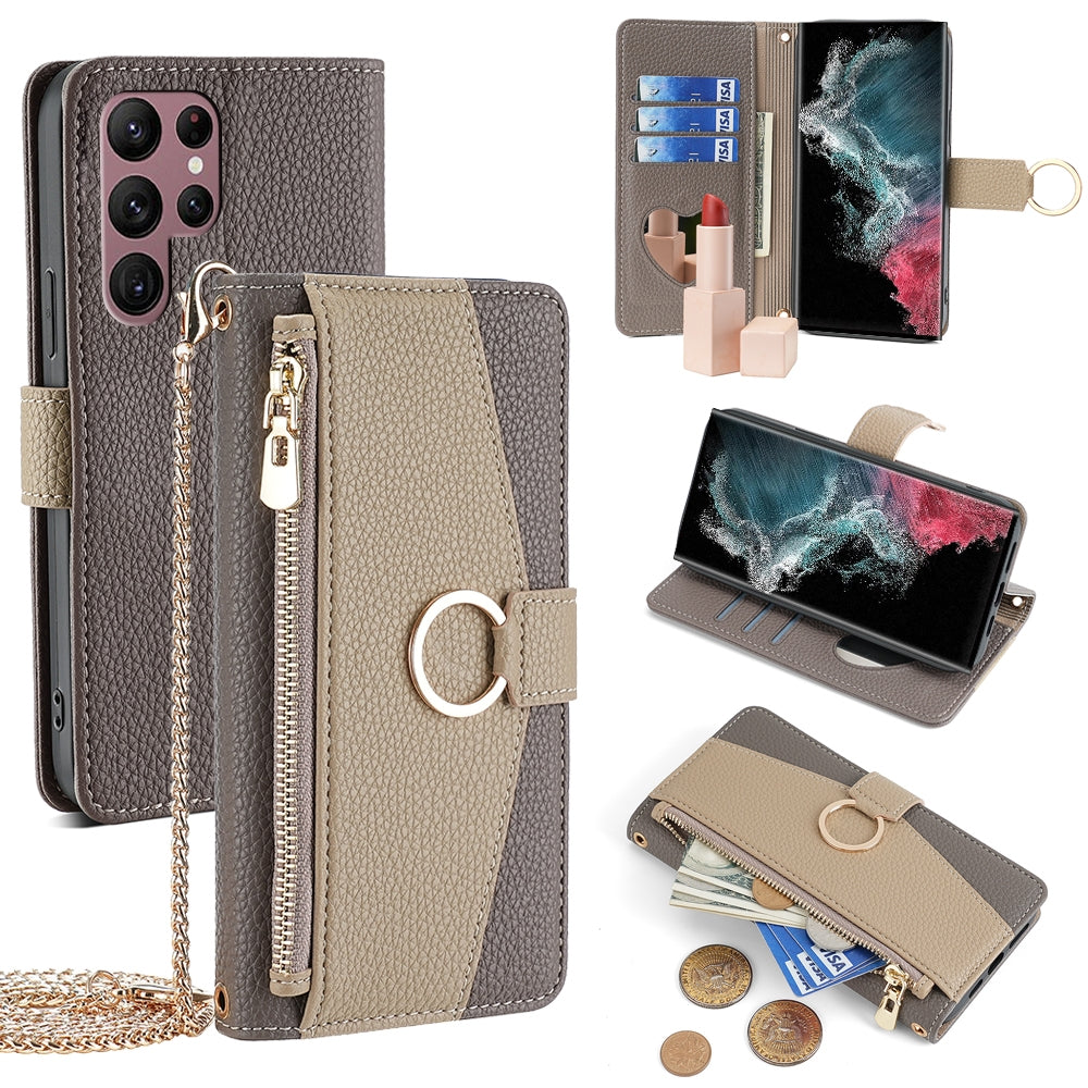 Samsung Galaxy S22 Ultra 5G Crossbody Phone Case with Litchi Texture Leather, Adjustable Kickstand, Card Slots, Zipper Purse, Makeup Mirror, and TPU Protection