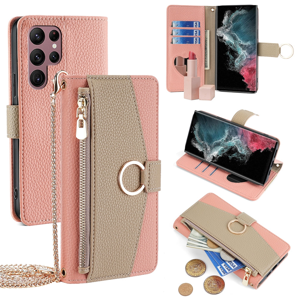 Samsung Galaxy S22 Ultra 5G Crossbody Phone Case with Litchi Texture Leather, Adjustable Kickstand, Card Slots, Zipper Purse, Makeup Mirror, and TPU Protection