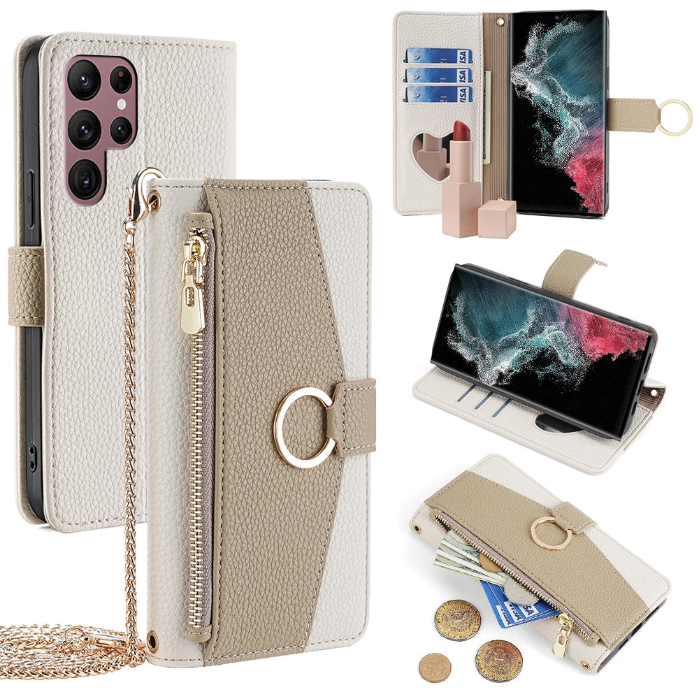 Samsung Galaxy S22 Ultra 5G Crossbody Phone Case with Litchi Texture Leather, Adjustable Kickstand, Card Slots, Zipper Purse, Makeup Mirror, and TPU Protection
