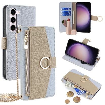 Samsung Galaxy S23 5G Crossbody Phone Case with Litchi Texture Leather, Adjustable Kickstand, Card Slots, Zipper Purse, Makeup Mirror, and TPU Protection