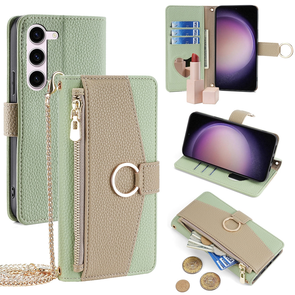 Samsung Galaxy S23 5G Crossbody Phone Case with Litchi Texture Leather, Adjustable Kickstand, Card Slots, Zipper Purse, Makeup Mirror, and TPU Protection