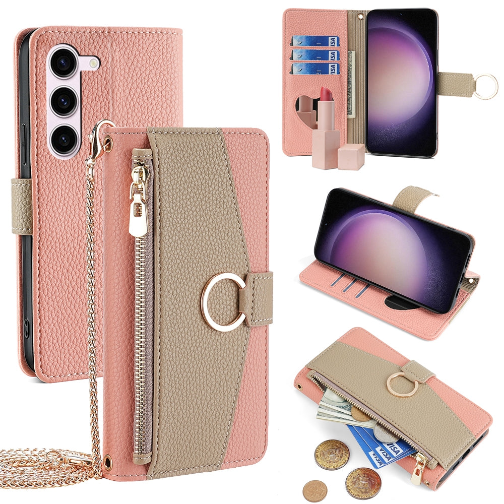 Samsung Galaxy S23 5G Crossbody Phone Case with Litchi Texture Leather, Adjustable Kickstand, Card Slots, Zipper Purse, Makeup Mirror, and TPU Protection