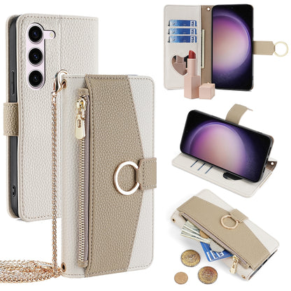 Samsung Galaxy S23 5G Crossbody Phone Case with Litchi Texture Leather, Adjustable Kickstand, Card Slots, Zipper Purse, Makeup Mirror, and TPU Protection