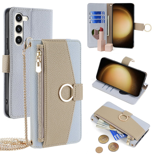 Samsung Galaxy S23+ 5G Crossbody Phone Case with Litchi Texture Leather, Adjustable Kickstand, Card Slots, Zipper Purse, Makeup Mirror, and TPU Protection