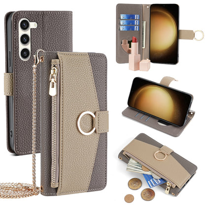 Samsung Galaxy S23+ 5G Crossbody Phone Case with Litchi Texture Leather, Adjustable Kickstand, Card Slots, Zipper Purse, Makeup Mirror, and TPU Protection