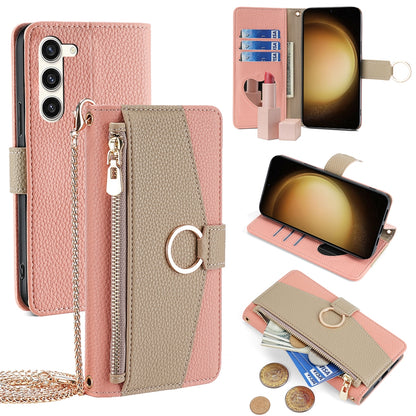 Samsung Galaxy S23+ 5G Crossbody Phone Case with Litchi Texture Leather, Adjustable Kickstand, Card Slots, Zipper Purse, Makeup Mirror, and TPU Protection