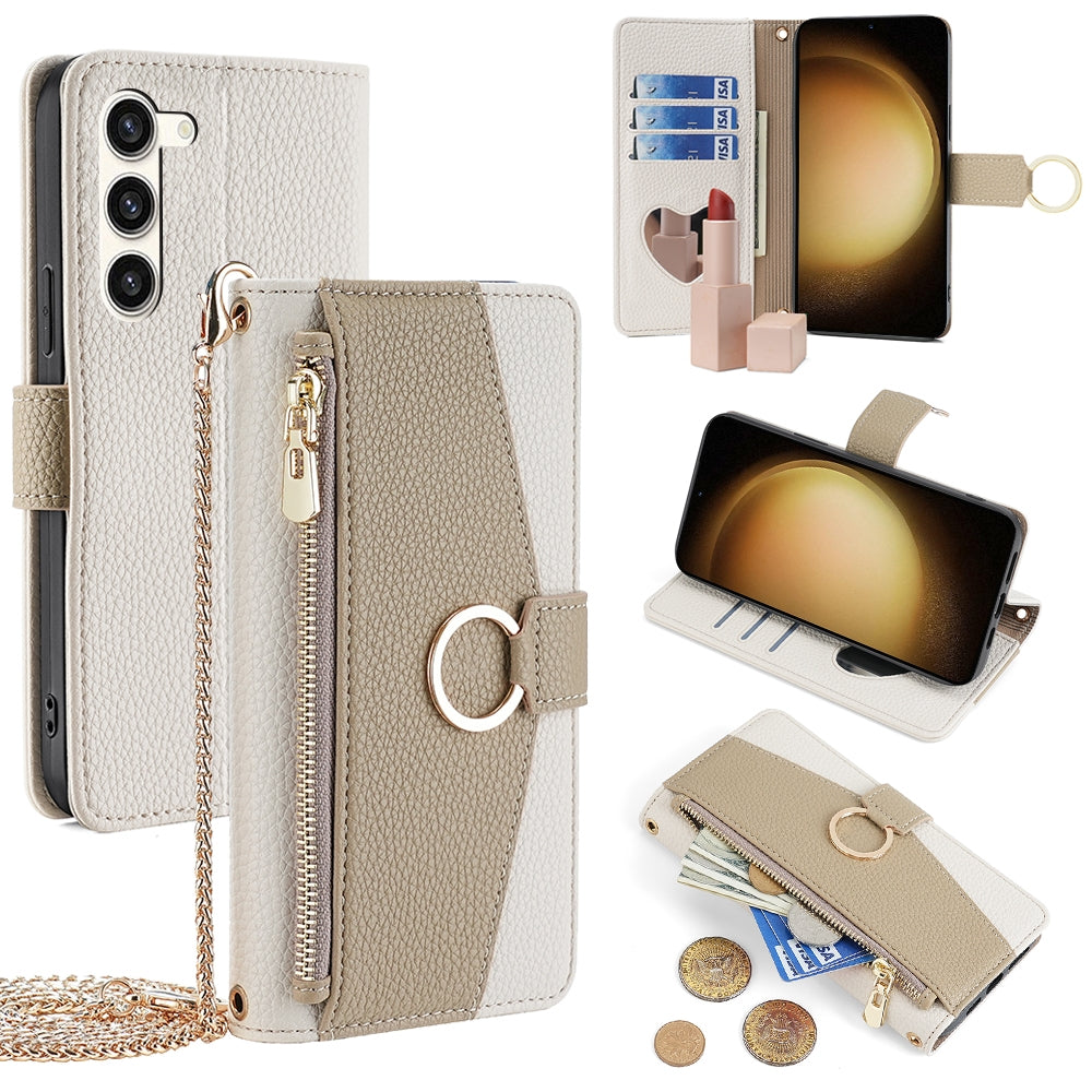 Samsung Galaxy S23+ 5G Crossbody Phone Case with Litchi Texture Leather, Adjustable Kickstand, Card Slots, Zipper Purse, Makeup Mirror, and TPU Protection