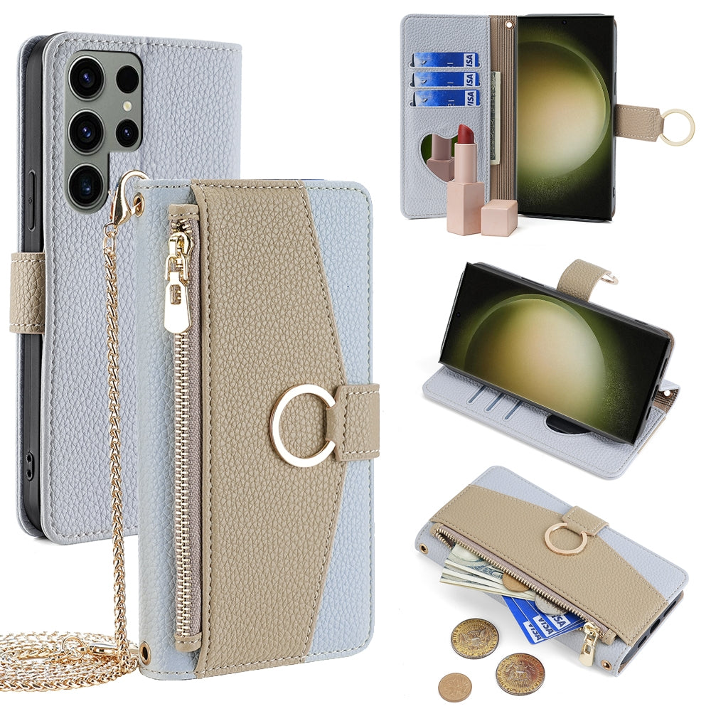 Samsung Galaxy S23 Ultra 5G Crossbody Phone Case with Litchi Texture Leather, Adjustable Kickstand, Card Slots, Zipper Purse, Makeup Mirror, and TPU Protection
