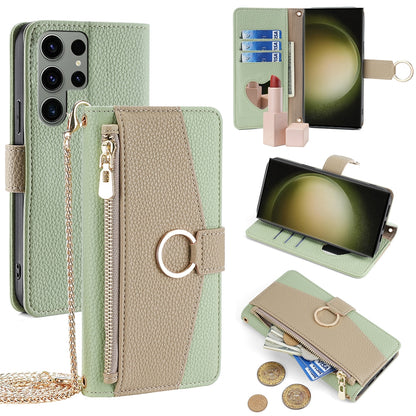 Samsung Galaxy S23 Ultra 5G Crossbody Phone Case with Litchi Texture Leather, Adjustable Kickstand, Card Slots, Zipper Purse, Makeup Mirror, and TPU Protection