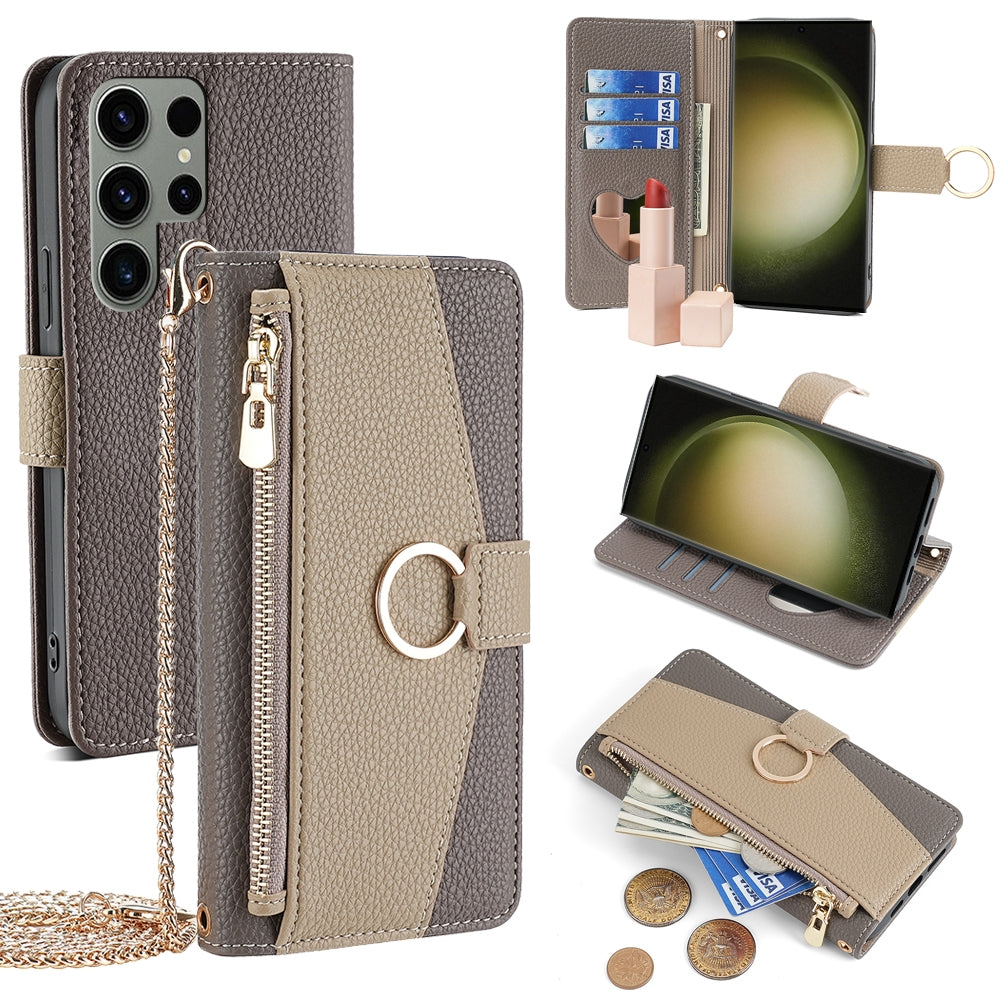 Samsung Galaxy S23 Ultra 5G Crossbody Phone Case with Litchi Texture Leather, Adjustable Kickstand, Card Slots, Zipper Purse, Makeup Mirror, and TPU Protection