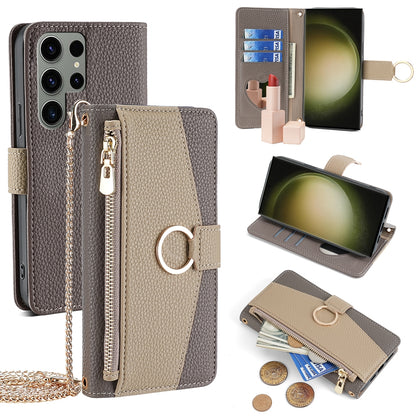 Samsung Galaxy S23 Ultra 5G Crossbody Phone Case with Litchi Texture Leather, Adjustable Kickstand, Card Slots, Zipper Purse, Makeup Mirror, and TPU Protection