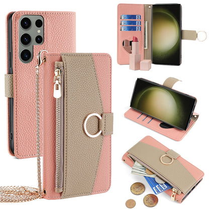 Samsung Galaxy S23 Ultra 5G Crossbody Phone Case with Litchi Texture Leather, Adjustable Kickstand, Card Slots, Zipper Purse, Makeup Mirror, and TPU Protection