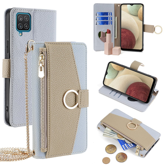 Samsung Galaxy A12 Crossbody Phone Case with Litchi Texture Leather, Adjustable Kickstand, Card Slots, Zipper Purse, Makeup Mirror, and TPU Protection